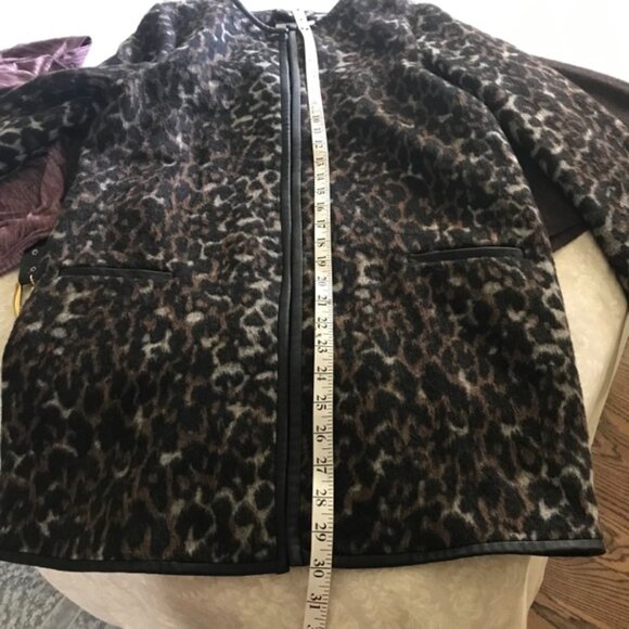 🔥🐾🔥Beautiful Coffee Black Animal Print Coat Jacket Cardigan Faux Leather Trim - Picture 11 of 12